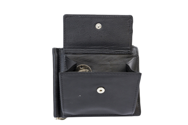 Dollar Clip mit Kleingeldfach RFID Geldscheinklammer flach Geldklammer Money Clip extra dünn für 8 Karten LEAS in Echt-Leder, Portmonee mit Geschenk Box, schwarz